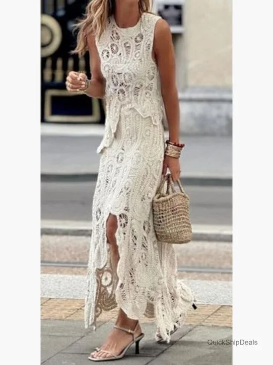 Crochet Knit Two Piece Skirt Set Sleeveless Tank Slim Fit - Picture 3 of 6